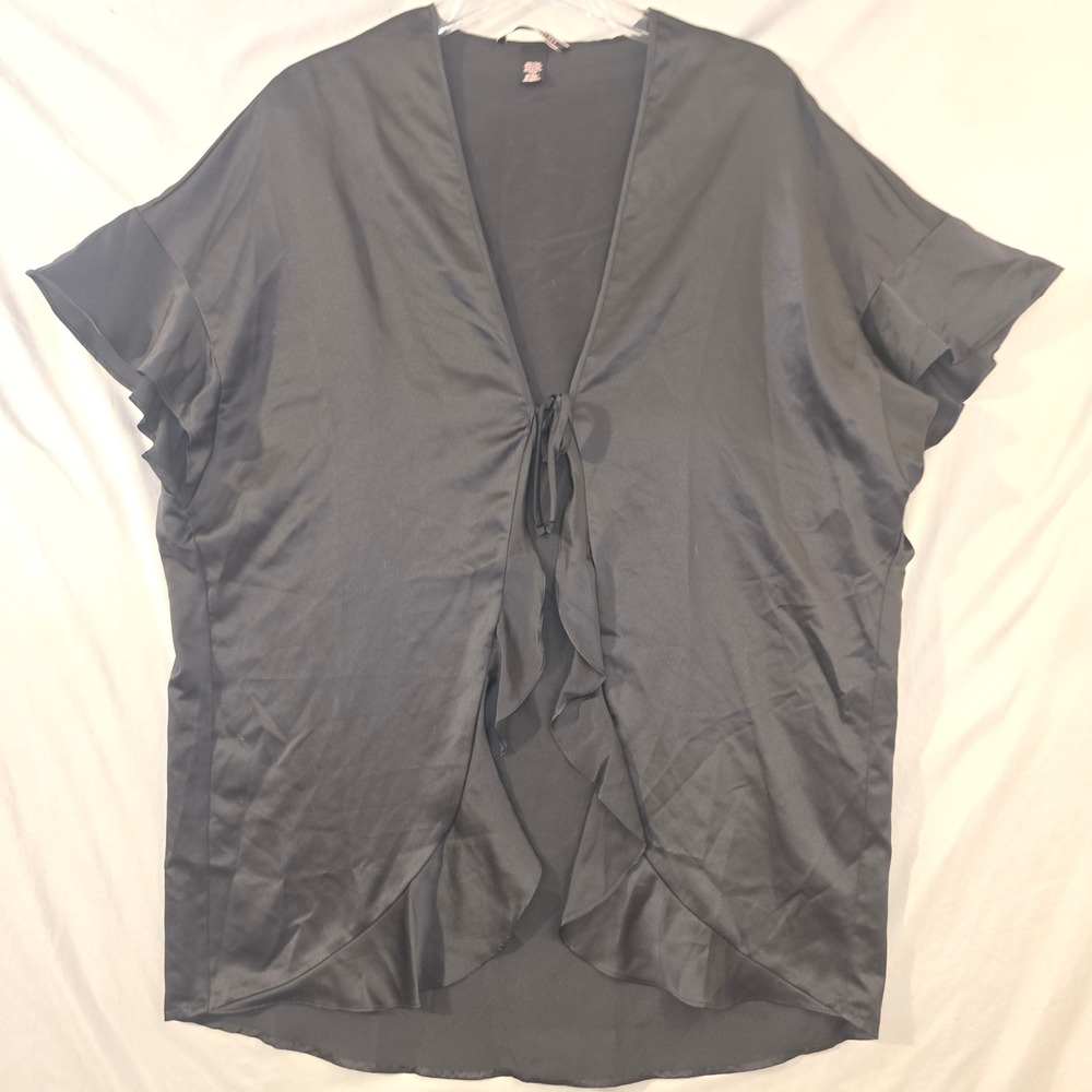 Victoria Secret Wrap Top OS Women Black Satin Ruffle Tie Front Short Sleeve